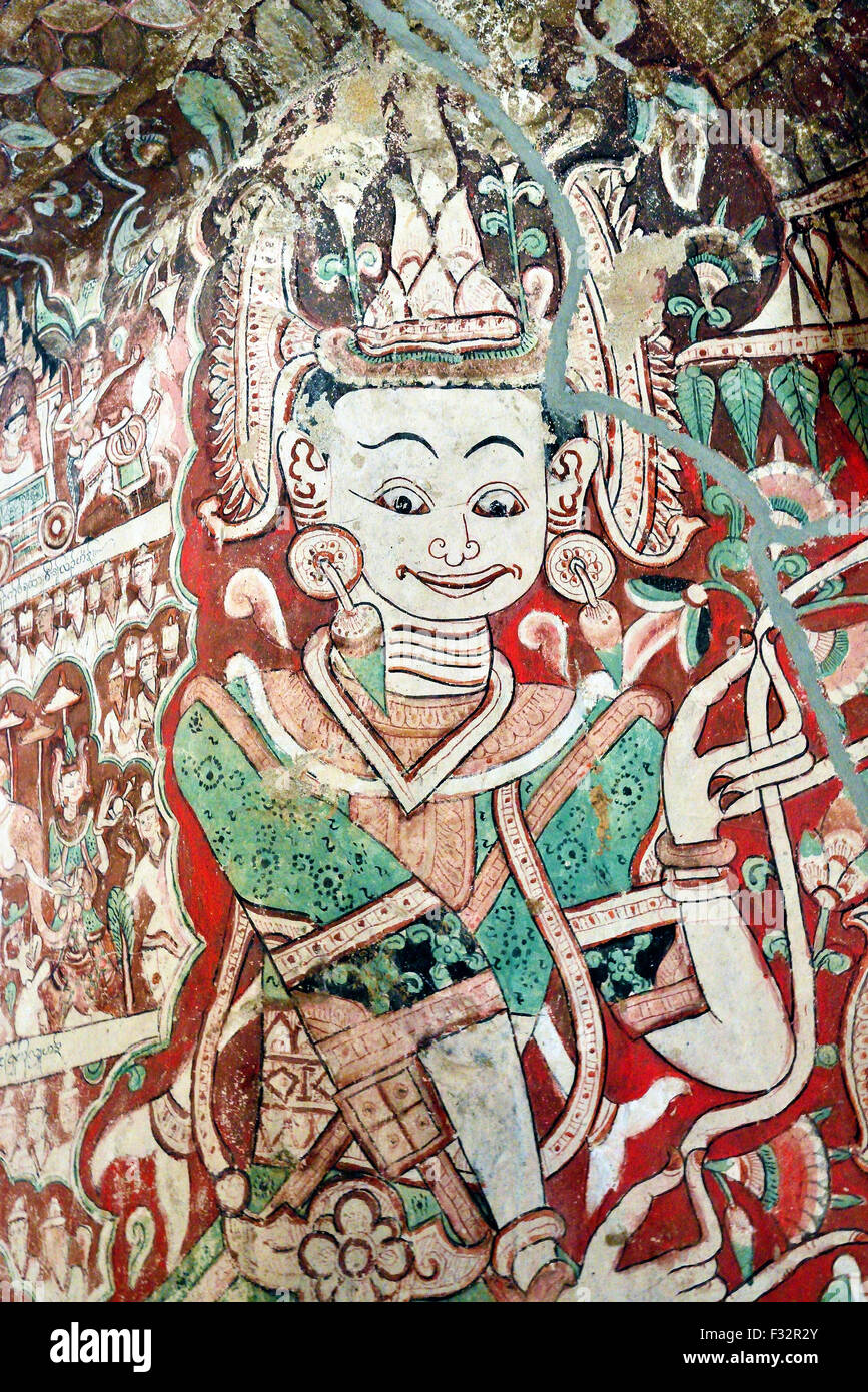 Detail from painted ceiling at the Hpo Win Daung cave complex also known as Pho Win Taung caves, Upper Burma, Myanmar Stock Photo
