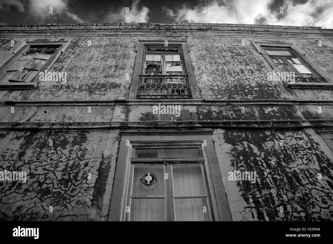 Black and white derelict building Portugal. Architectural shot. Stock Photo