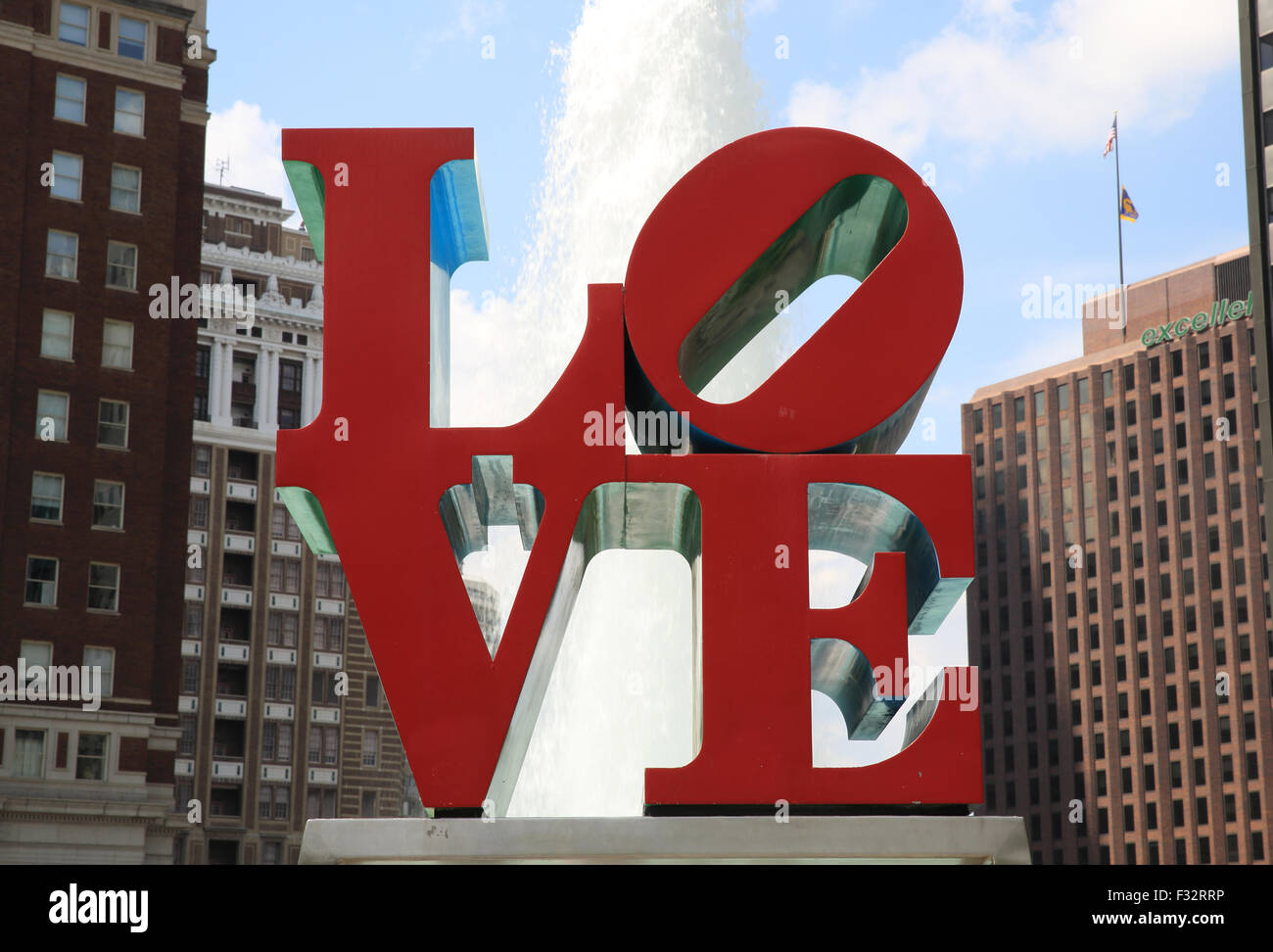 The bright red LOVE sculpture by Robert Indiana in Love Park, in