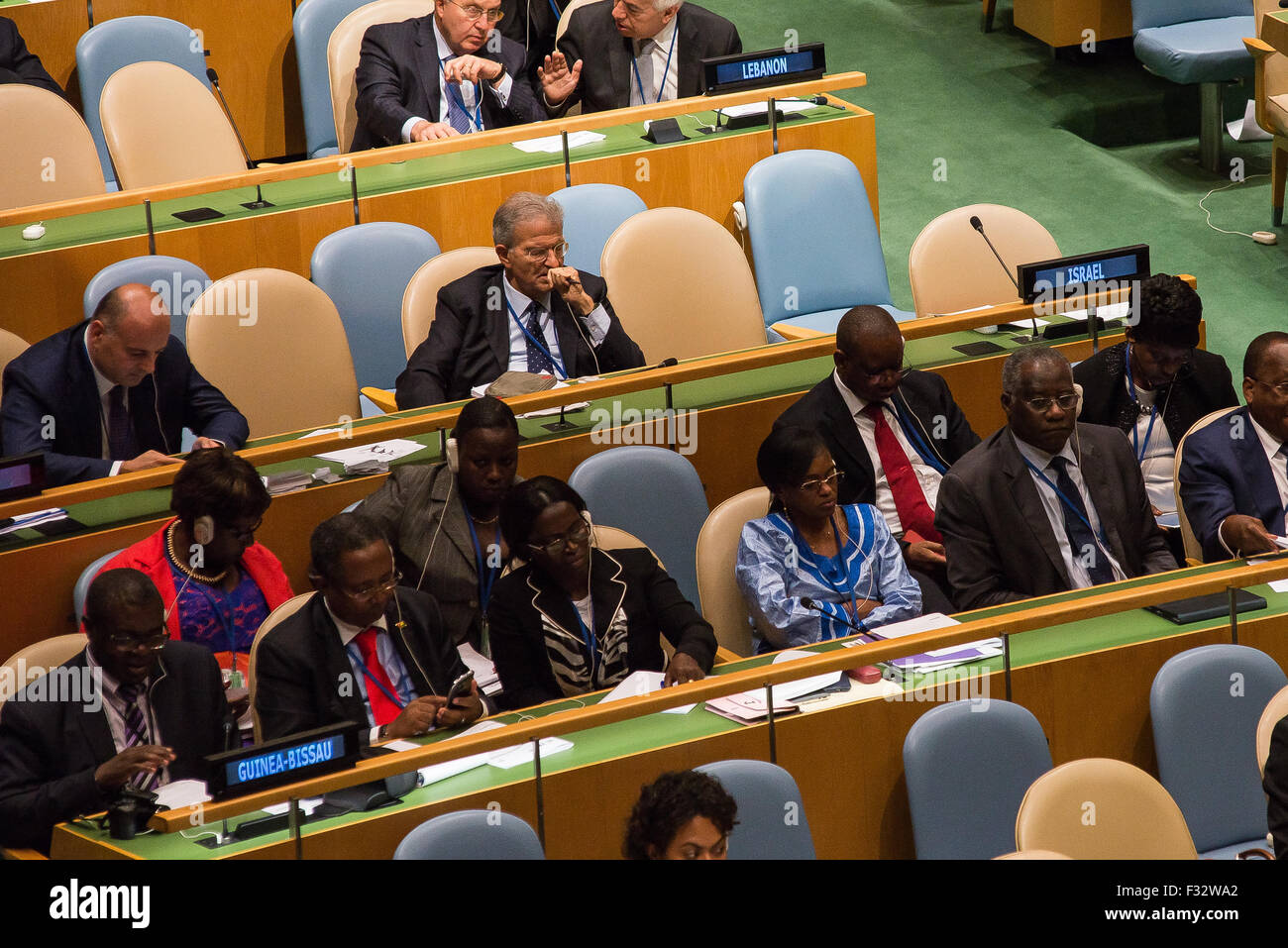 New York, United States. 28th Sep, 2015. Seats belonging to the Israeli delegation is empty during Rouhani's speech. Iranian President Hassan Rouhani addressed the 13th Plenary Session of the United Nations General Assembly. Credit:  Albin Lohr-Jones/Pacific Press/Alamy Live News Stock Photo