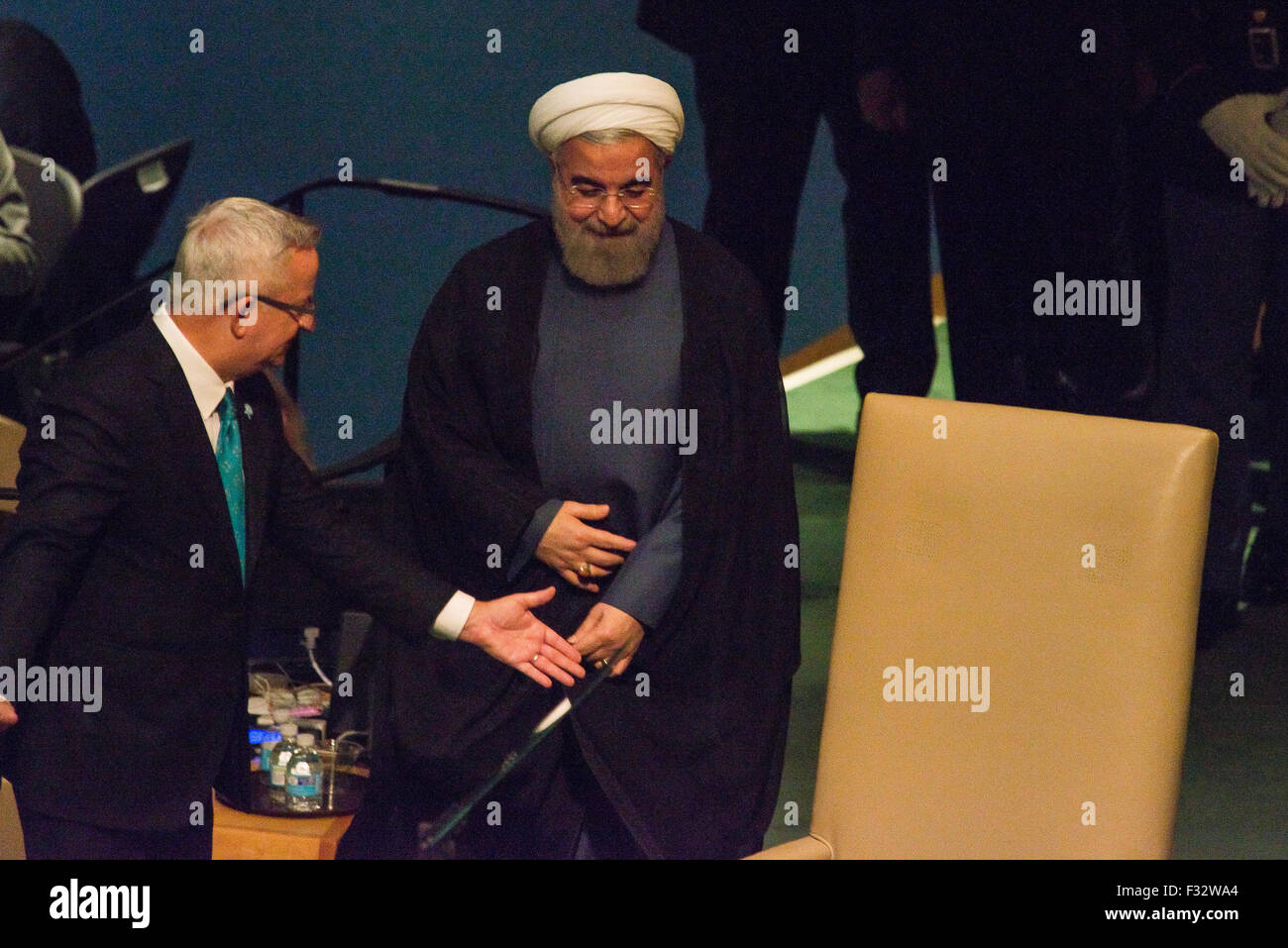 New York, United States. 28th Sep, 2015. President Rouhani enters the General Assembly. Iranian President Hassan Rouhani addressed the 13th Plenary Session of the United Nations General Assembly. Credit:  Albin Lohr-Jones/Pacific Press/Alamy Live News Stock Photo