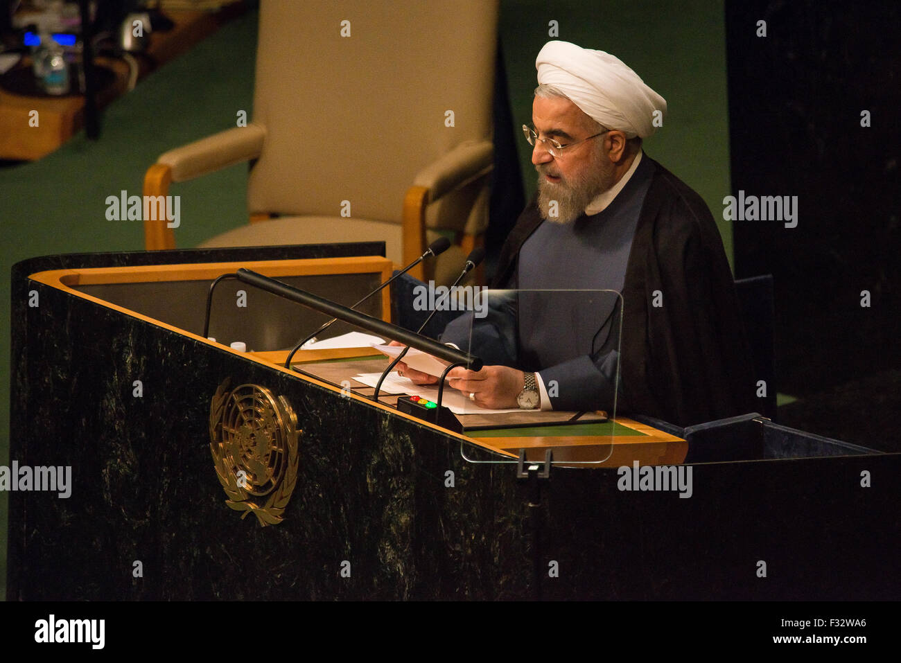 New York, United States. 28th Sep, 2015. Iranian President Rouhani speaks in the 13th Plenary Session of the United Nations General Assembly. Credit:  Albin Lohr-Jones/Pacific Press/Alamy Live News Stock Photo