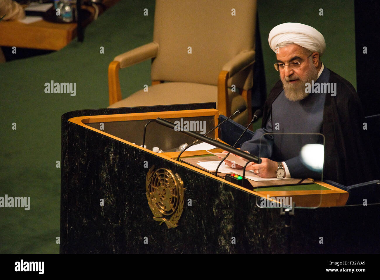 New York, United States. 28th Sep, 2015. Iranian President Rouhani speaks in the 13th Plenary Session of the United Nations General Assembly. Credit:  Albin Lohr-Jones/Pacific Press/Alamy Live News Stock Photo
