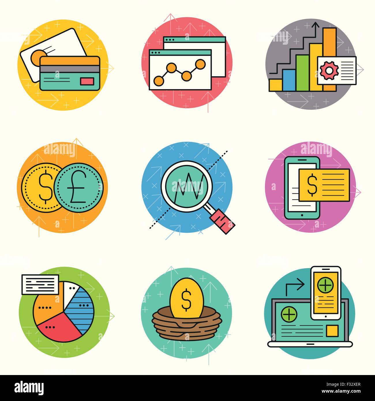 Business and Investment Vector.  A collection of business and financial themed line icons including charts, financial elements Stock Vector