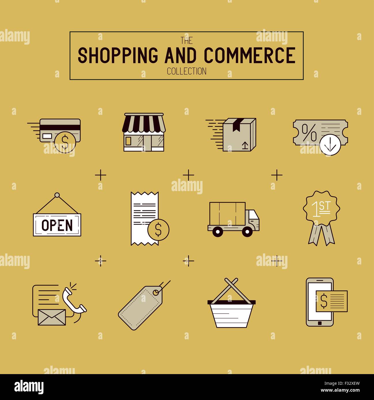 Shopping And Retail Icon Set. A collection of gold commerce icons including a shop, transactions and delivery. Stock Vector