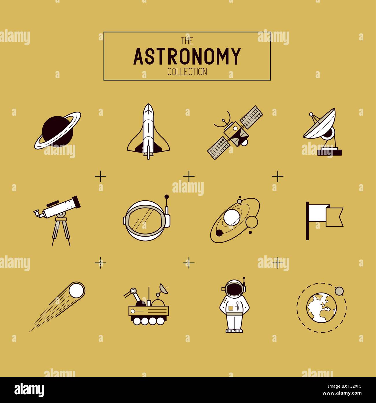 Astronomy Gold Vector Icon Set. A collection of space themed line icons including a planet, rocket, spaceman and solar system. Stock Vector