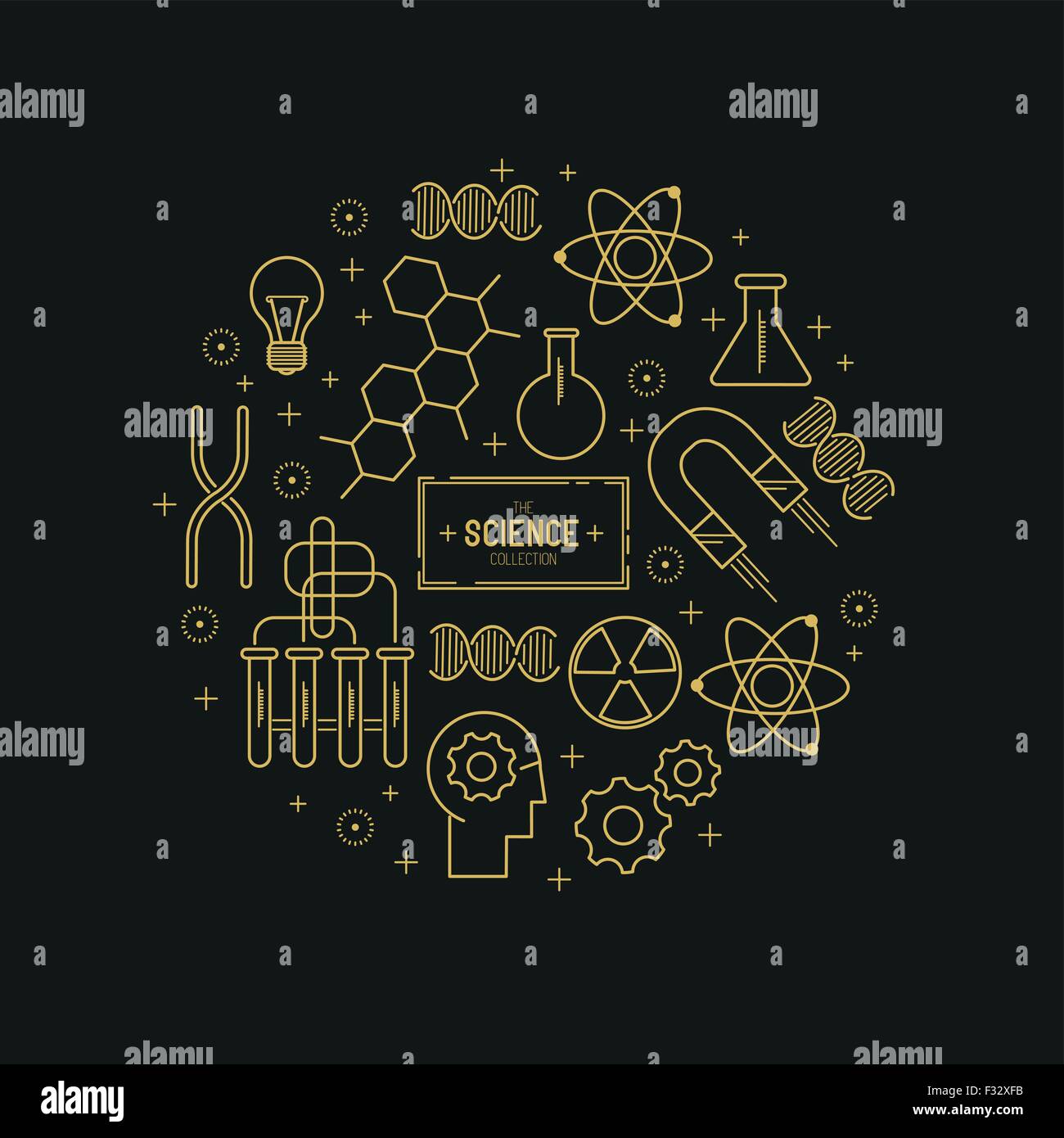 Science Vector Icon Set. A collection of gold science themed line icons including a atom, chemistry symbols and equipment. Stock Vector