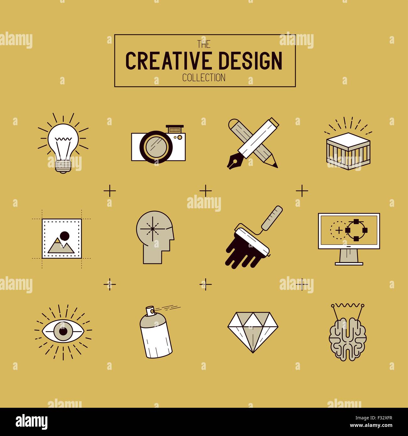 Creative Vector Icon Set. A collection of Gold design themed line icons including art tools, digital design and creative product Stock Vector