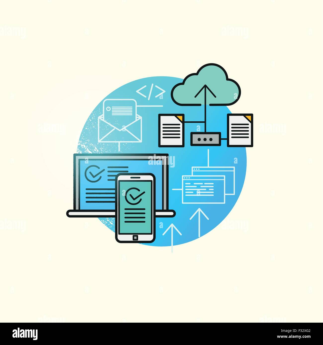 Cloud Computing Vector. BAcking up and storing business data via cloud computing. Vector illustration. Stock Vector