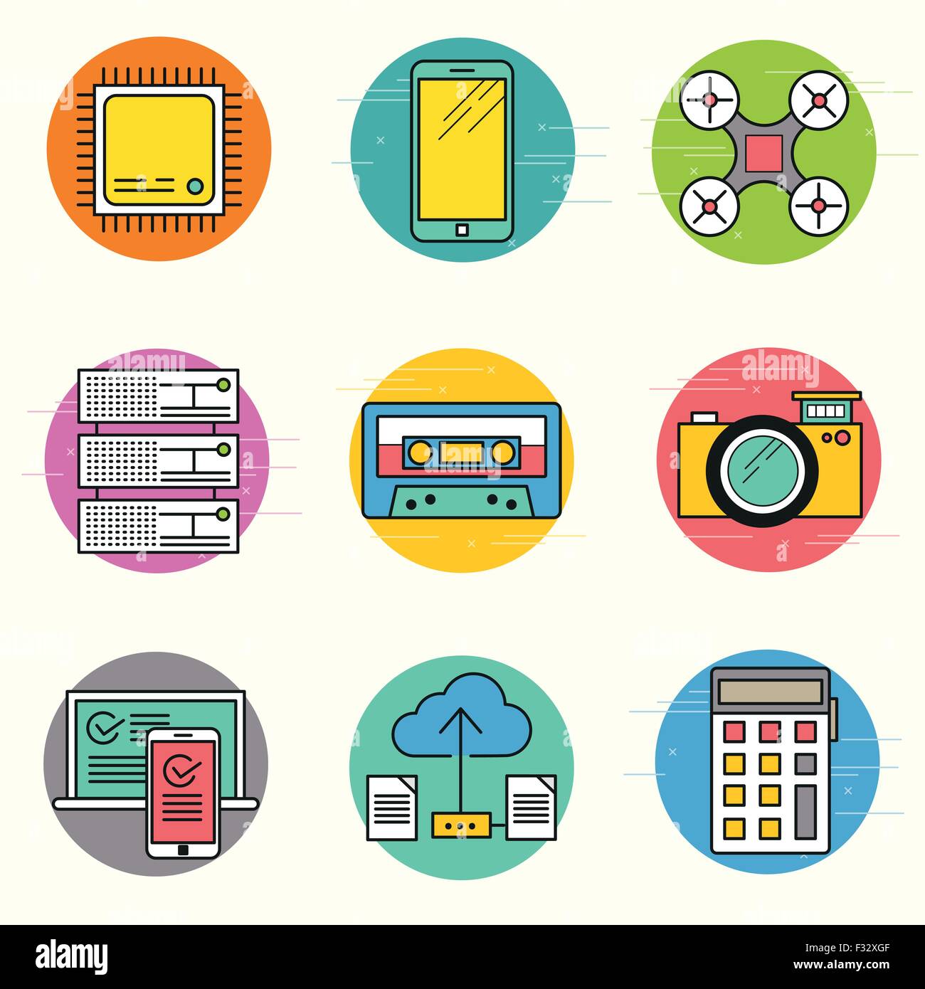 Technology Vector Icon Set. A collection of modern technology items including a CPU, drone, servers and mobile devices. Stock Vector