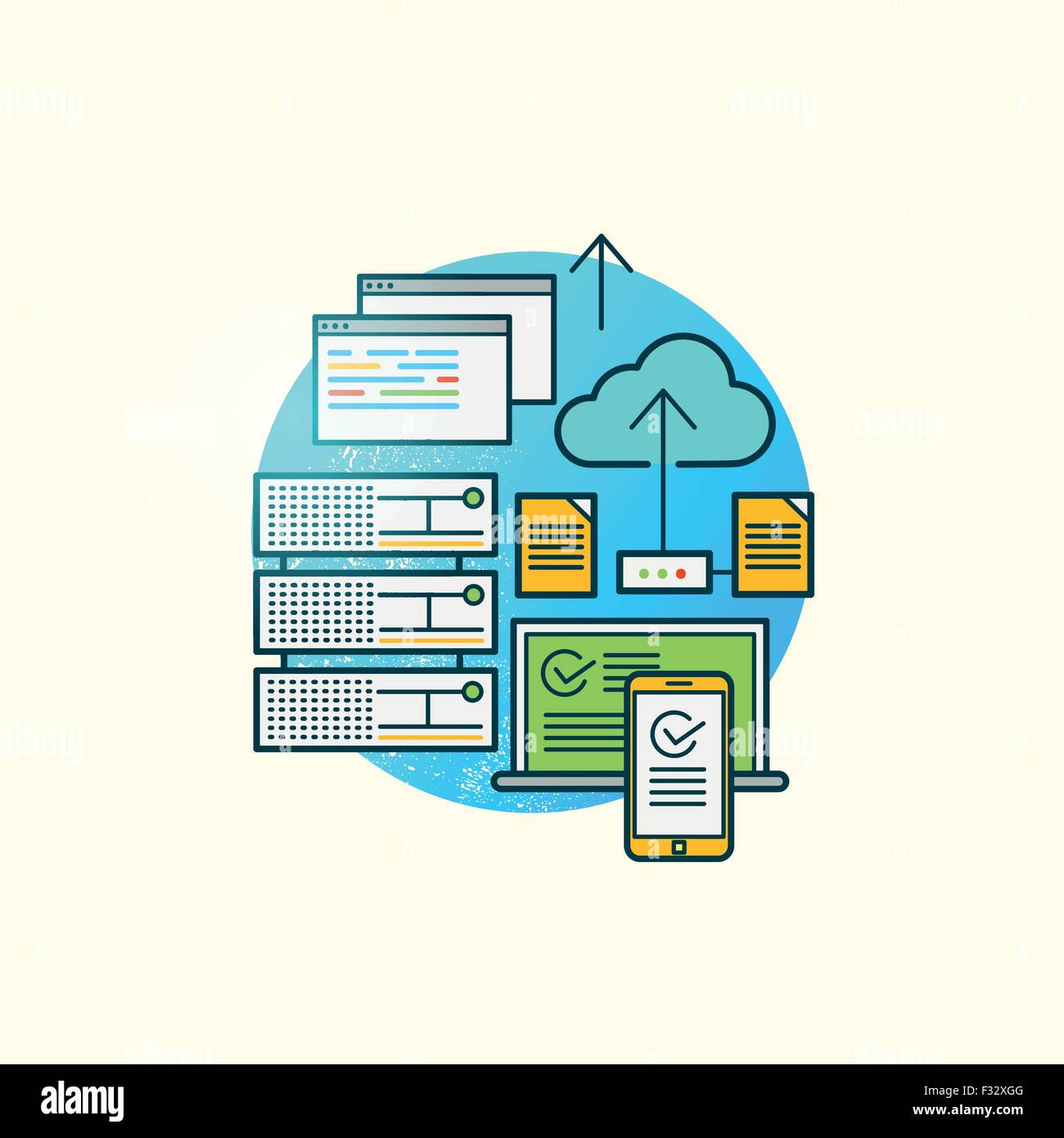 Big Data Vector. Storage and backing up of data driven applications on various platforms. Vector illustration. Stock Vector