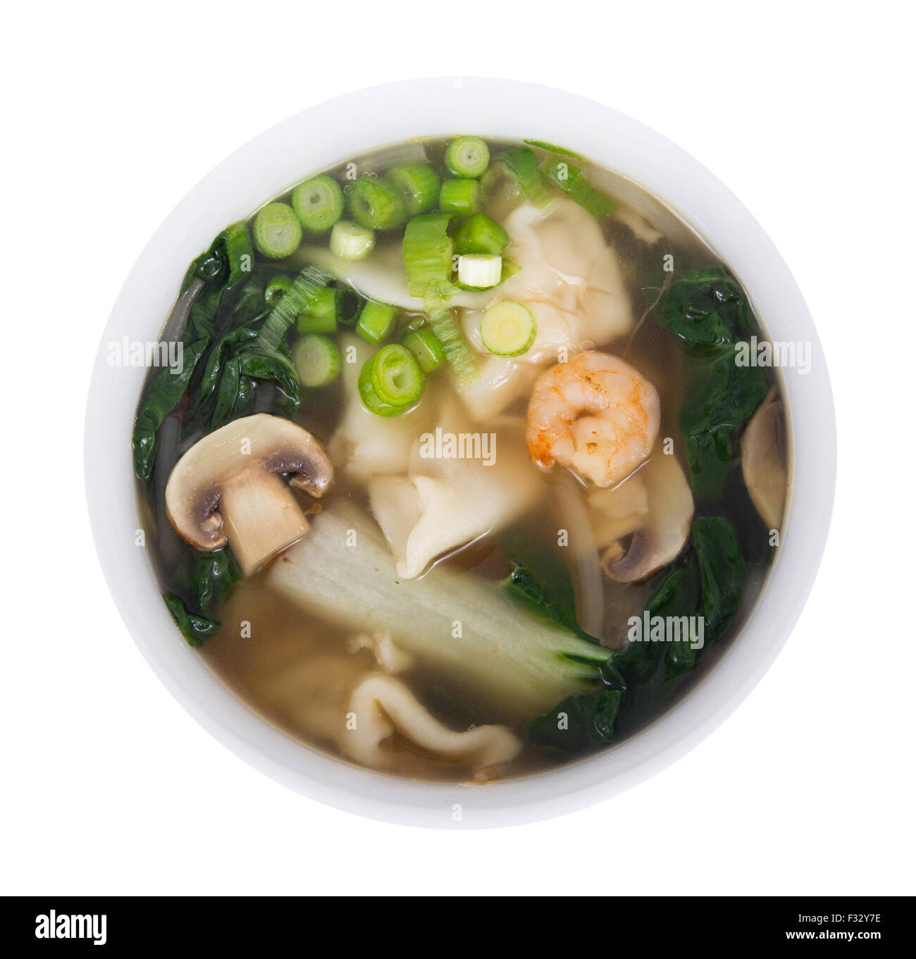 Wonton soup with shrimps over white background high angle view Stock Photo