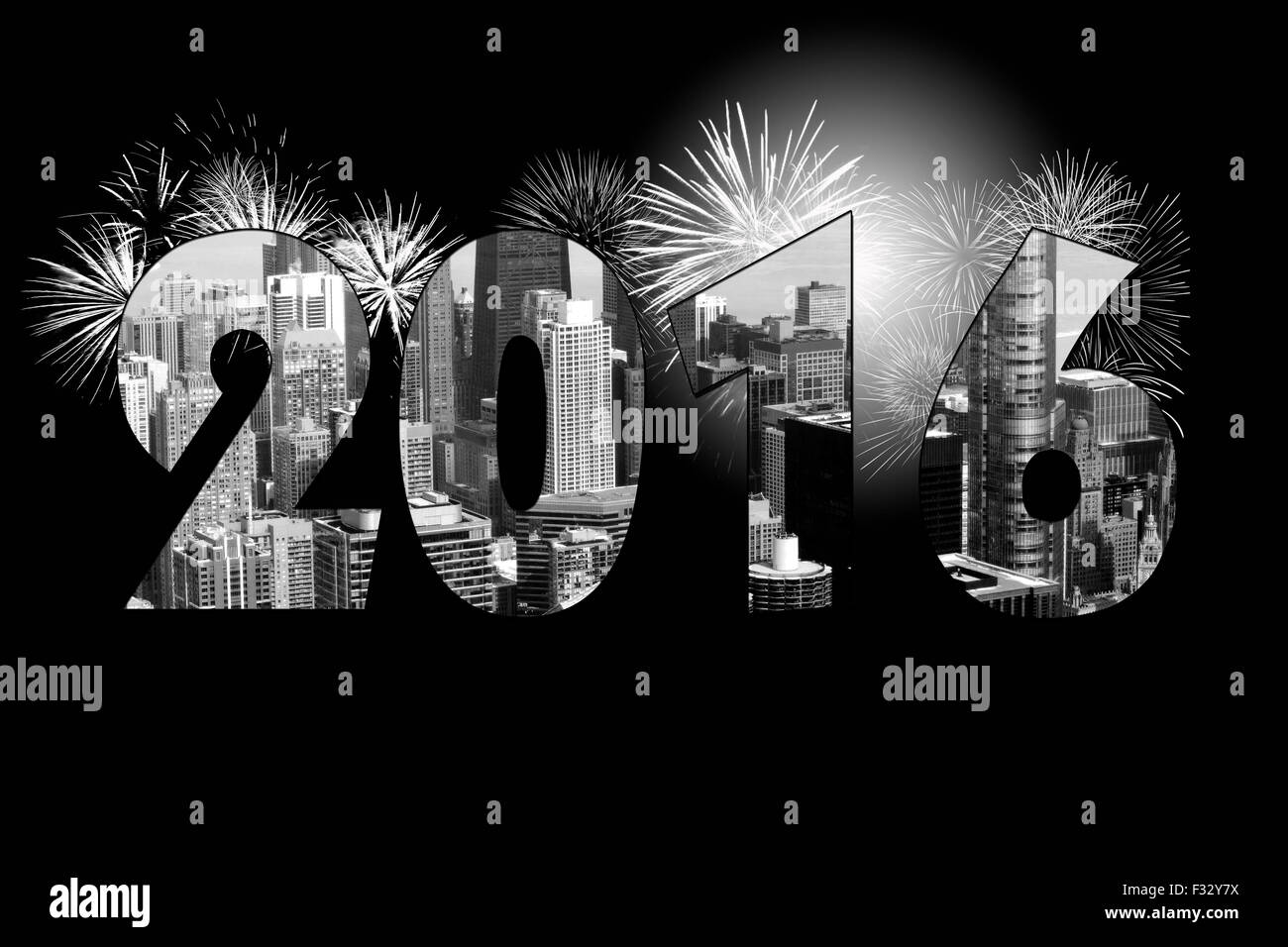 City of Chicago New Year 2016 with fireworks on black. Stock Photo