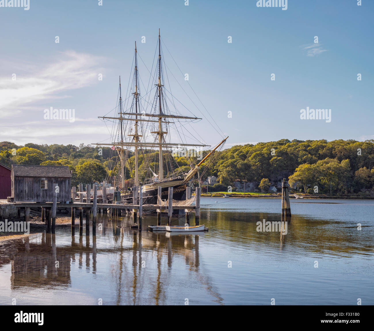 The Joseph Conrad, a wooden full-rigged tall ship, an exhibit and training ship at historic Mystic Seaport, Mystic Connecticut. Stock Photo