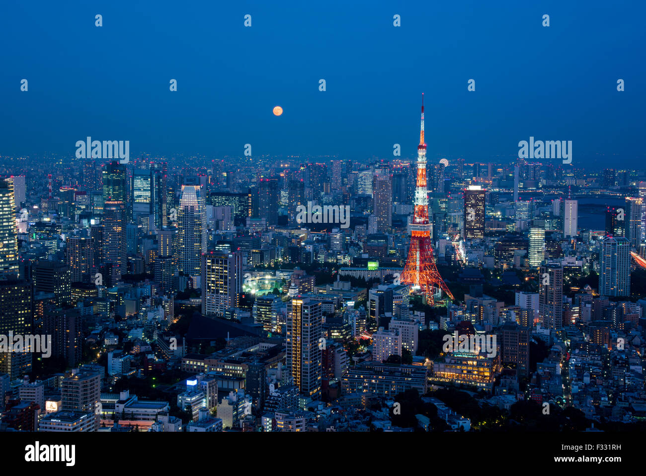 Tokyo Tower and Super Moon from Roppongi Hills observatory, Minato-Ku,Tokyo,Japan Stock Photo