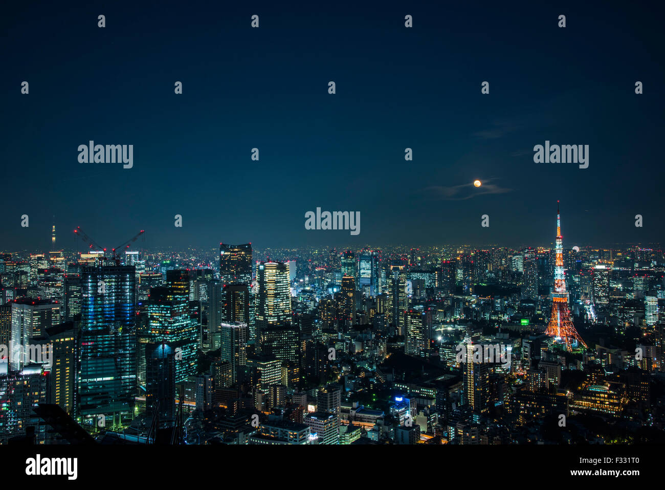 Tokyo Tower and Super Moon from Roppongi Hills observatory, Minato-Ku,Tokyo,Japan Stock Photo