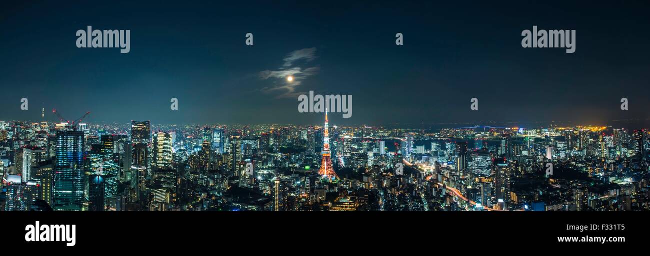 Tokyo Tower and Super Moon from Roppongi Hills observatory, Minato-Ku,Tokyo,Japan Stock Photo