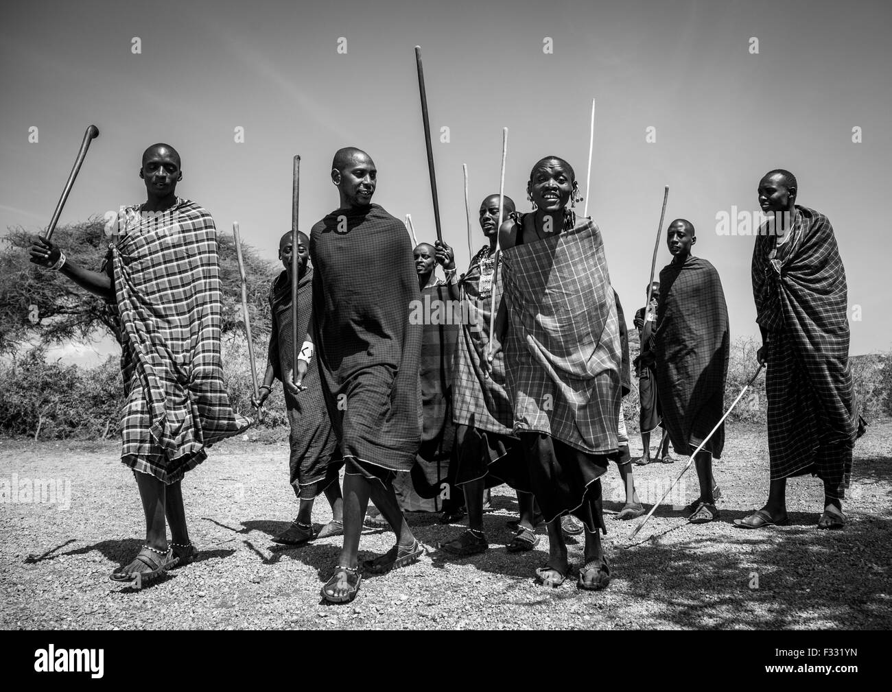 Tanzania, Ashura region, Ngorongoro Conservation Area, maasai men performing the warriors' dance Stock Photo