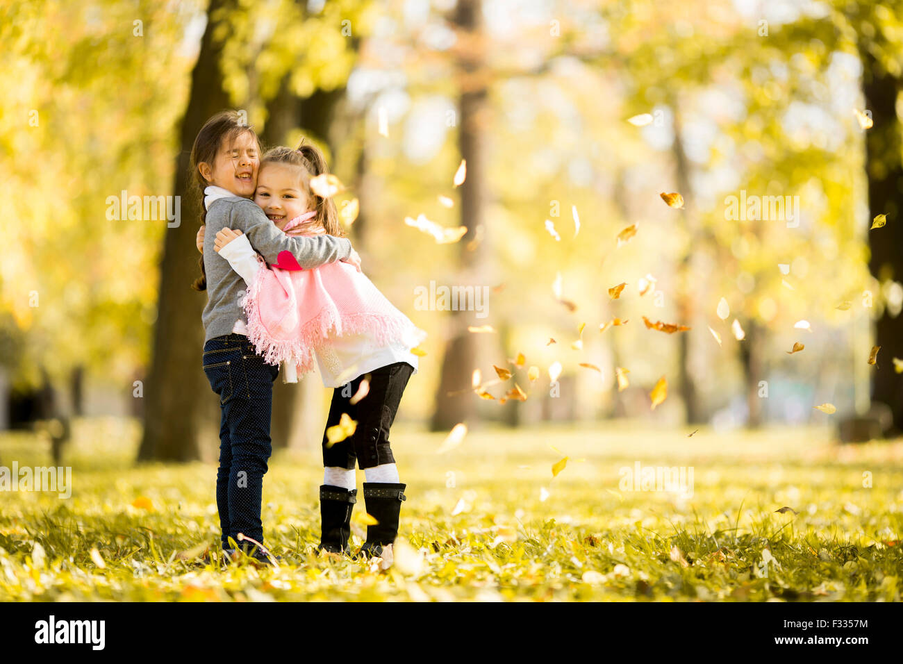 Two little girls at the autumn park Stock Photo - Alamy