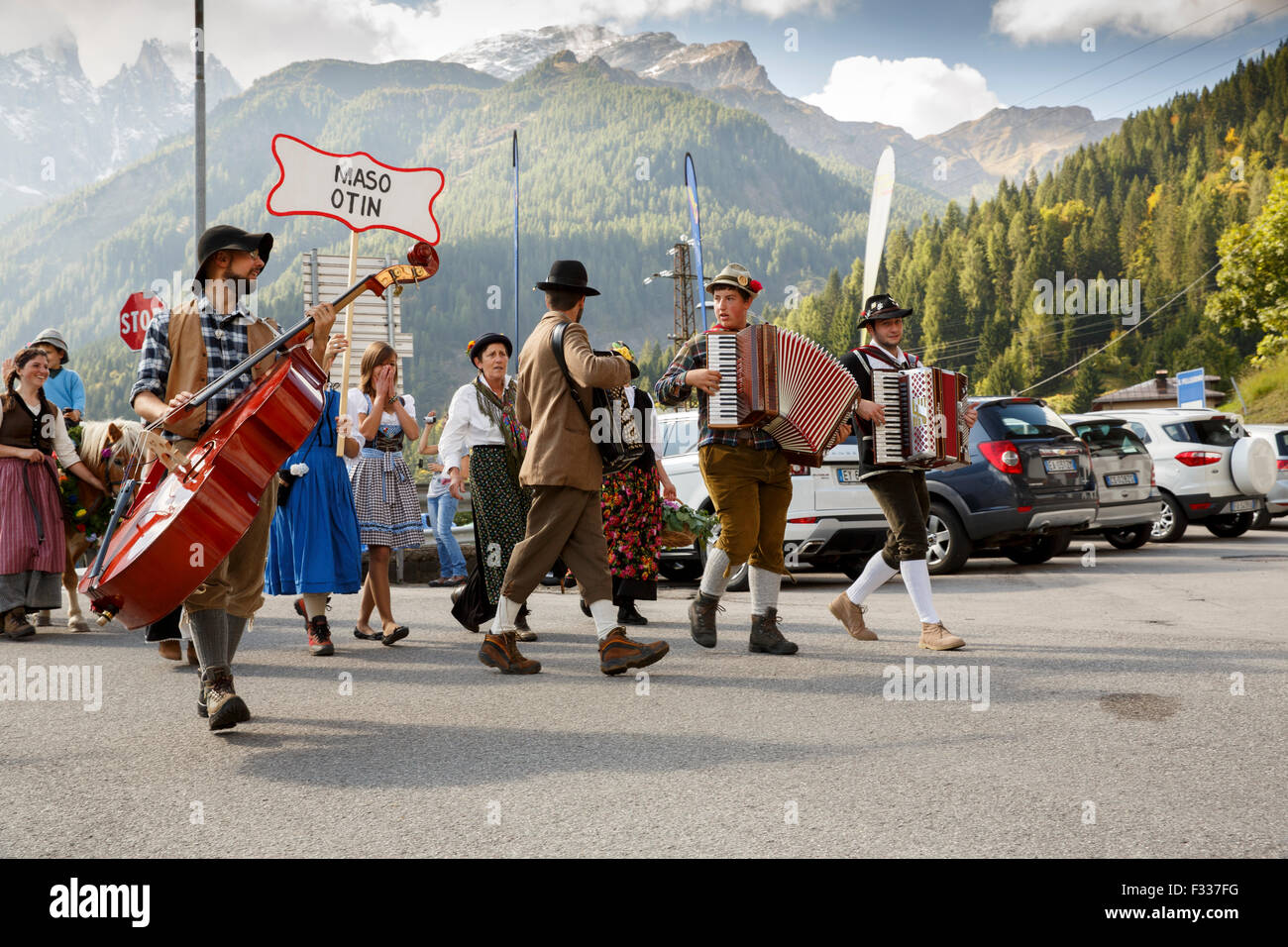 Se Desmonteghea a great party in Falcade for the livestock returning from the highland pastures in the Dolomites Stock Photo