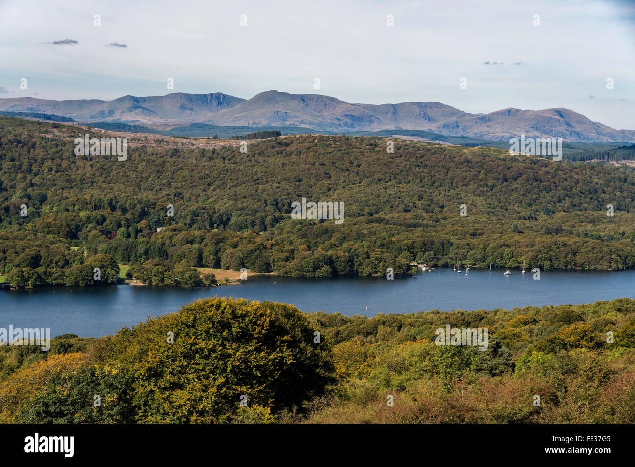 Lake Windermere Cumbria North West England Lakes Lake district. Looking towards the hills and the Old Man of Coniston. Stock Photo