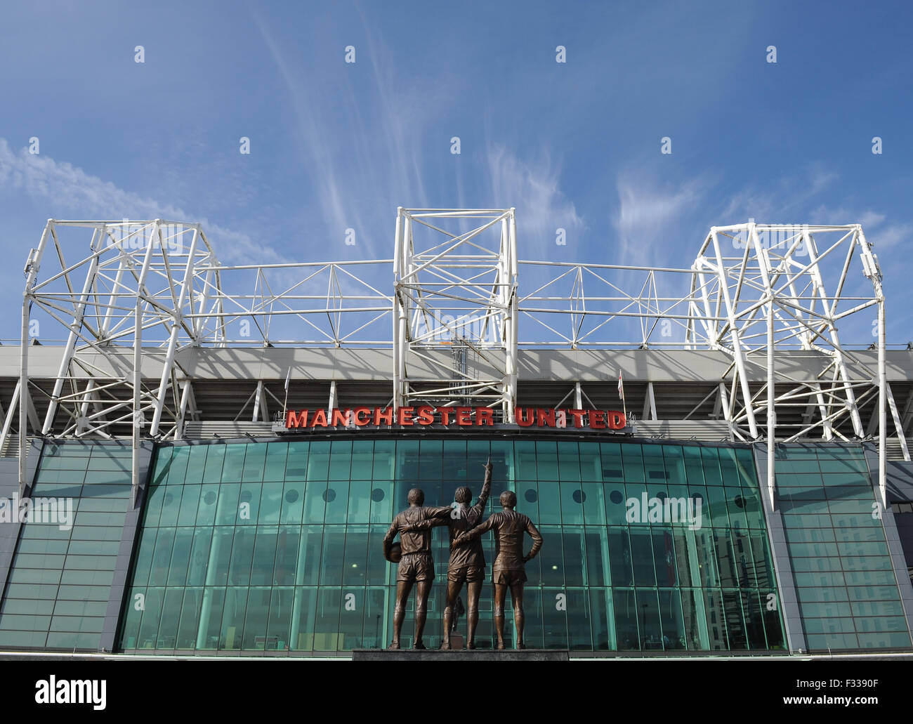 The United Trinity outside Manchester United Football Club Stadium Old Trafford, Manchester Stock Photo