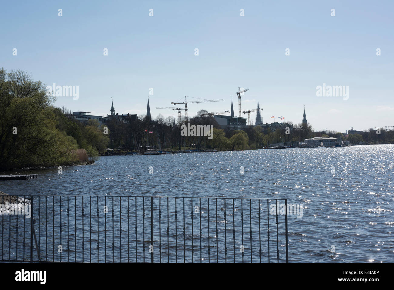 View across the Aussen Alster, the large lake in Hamburg, Germany. Stock Photo