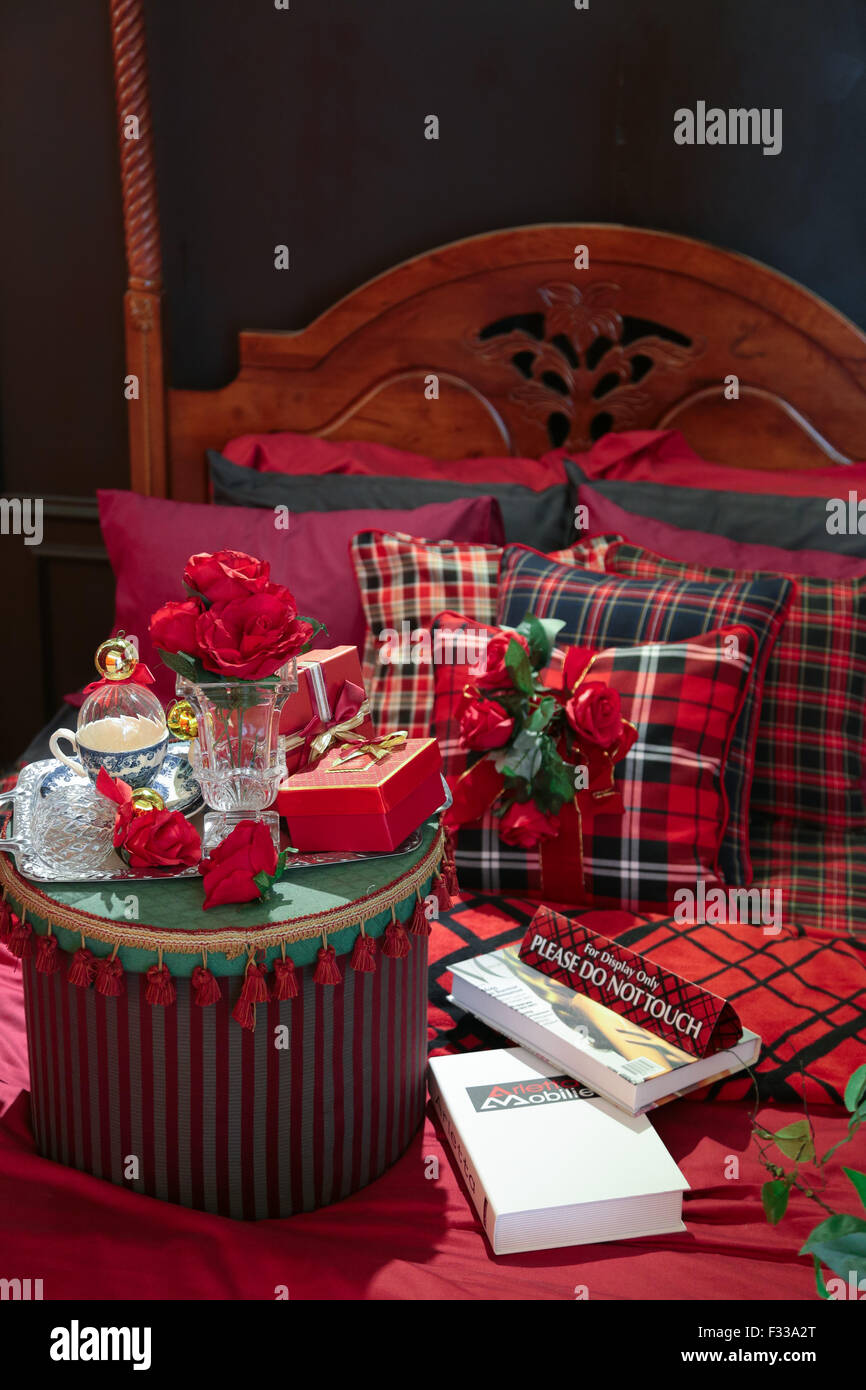 Bed room with christmas decorations display Stock Photo Alamy