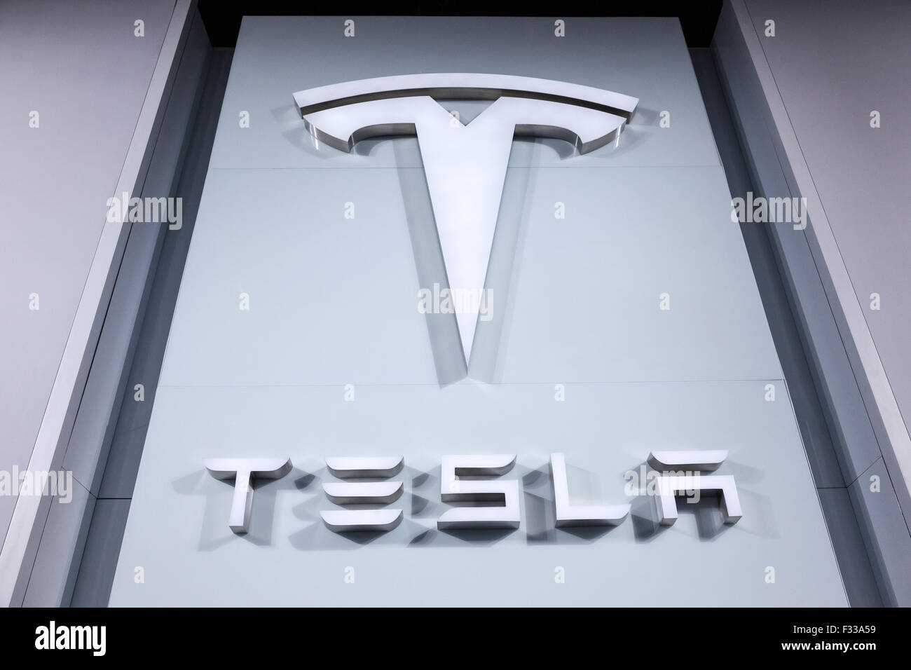 Tesla Company Logo at the IAA 2015 Stock Photo