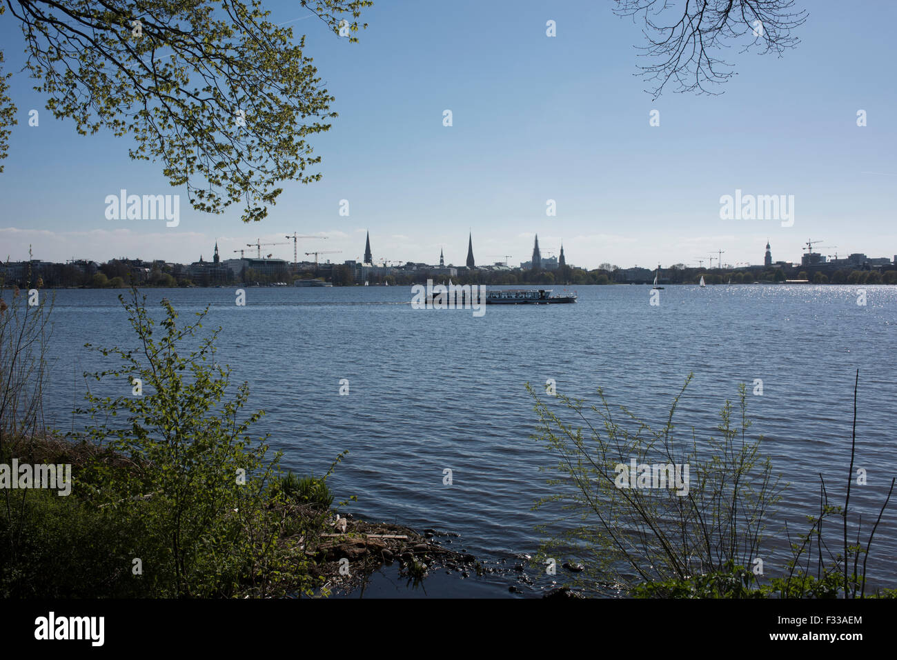View across the Aussen Alster, the large lake in Hamburg, Germany. Stock Photo