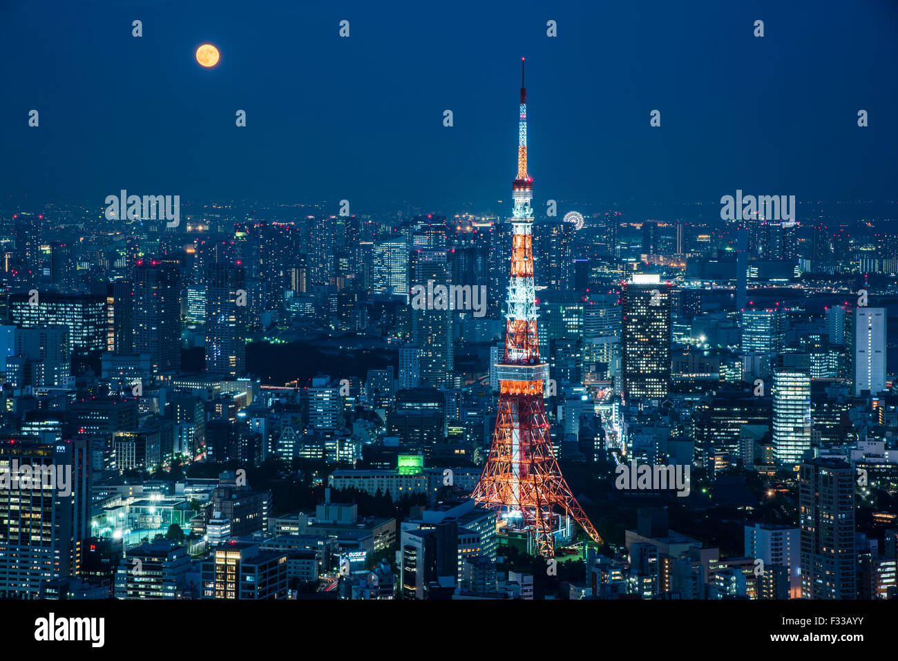 Tokyo Tower and Super Moon from Roppongi Hills observatory, Minato-Ku,Tokyo,Japan Stock Photo