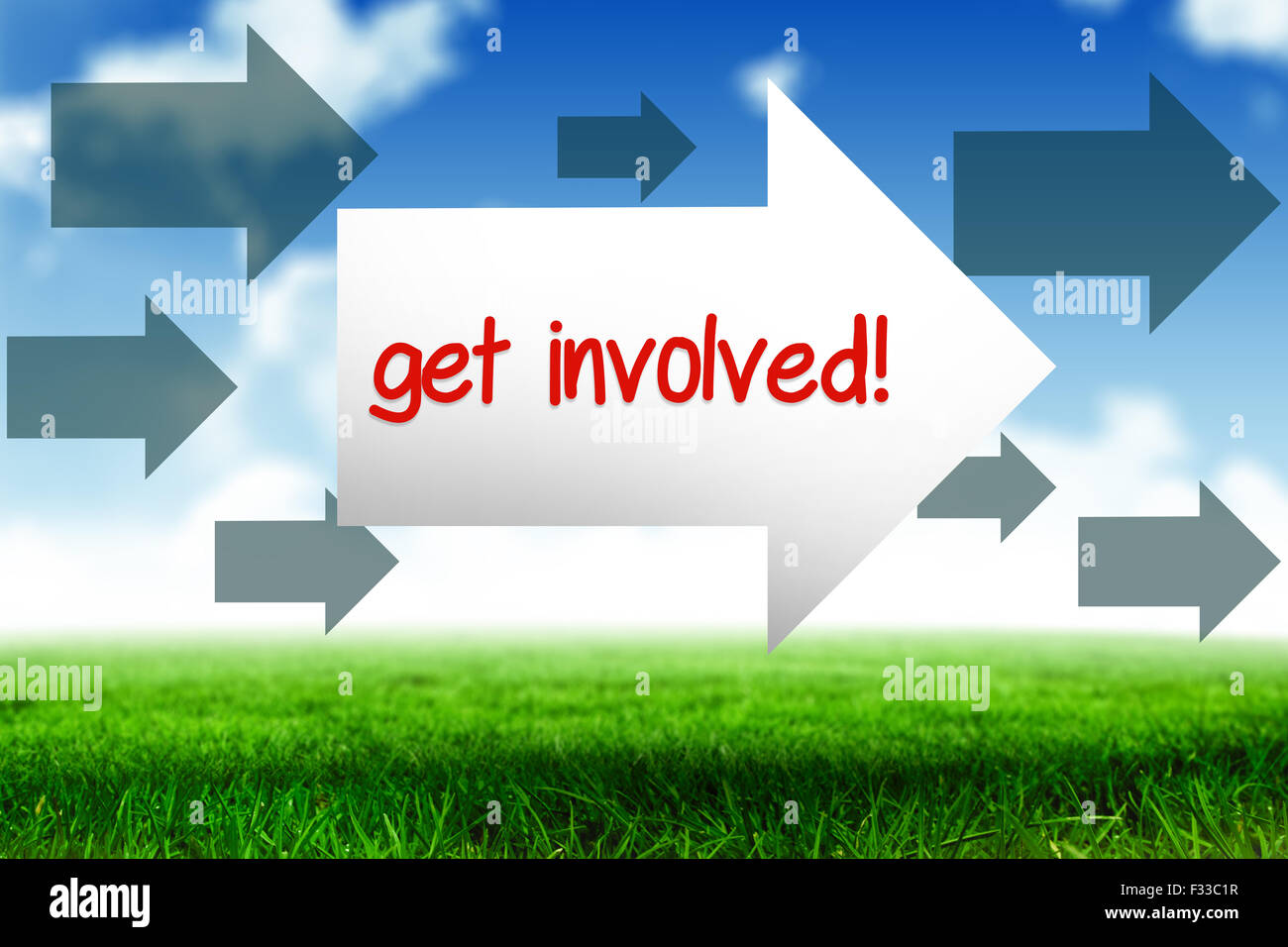 Get involved! against blue sky over green field Stock Photo