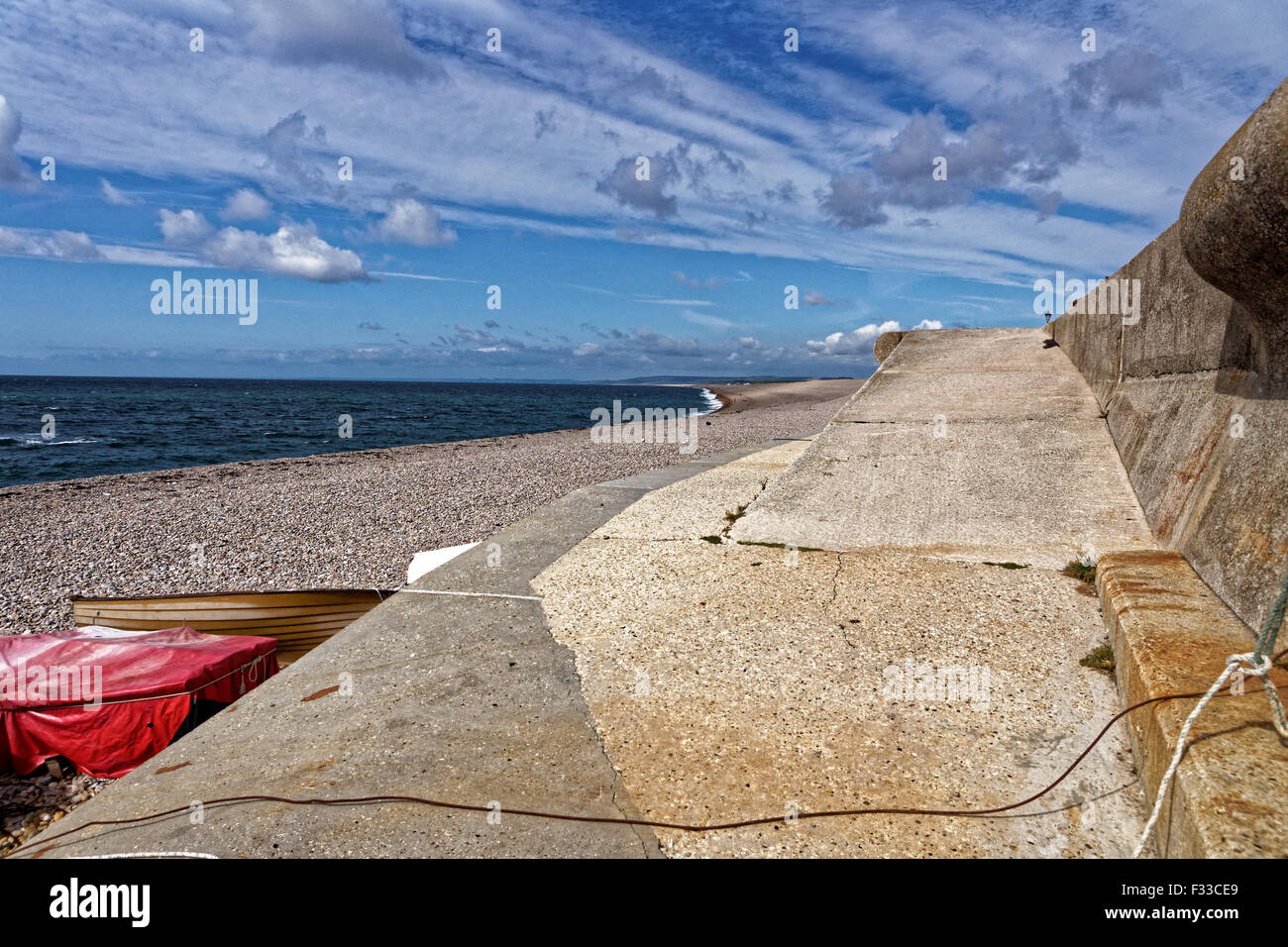 Portland sea defences on Chesil Beach. Stock Photo