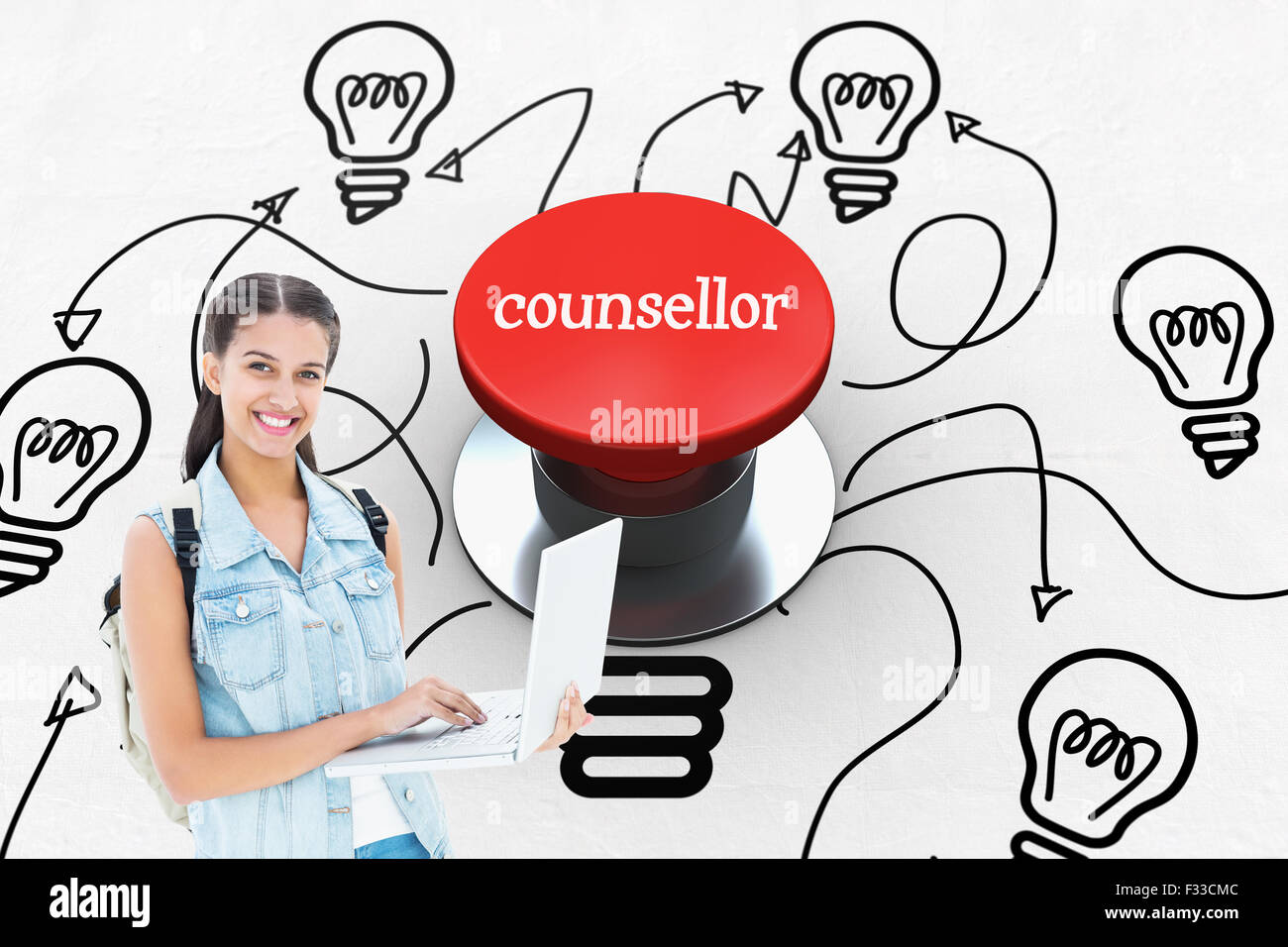 Counsellor against digitally generated red push button Stock Photo