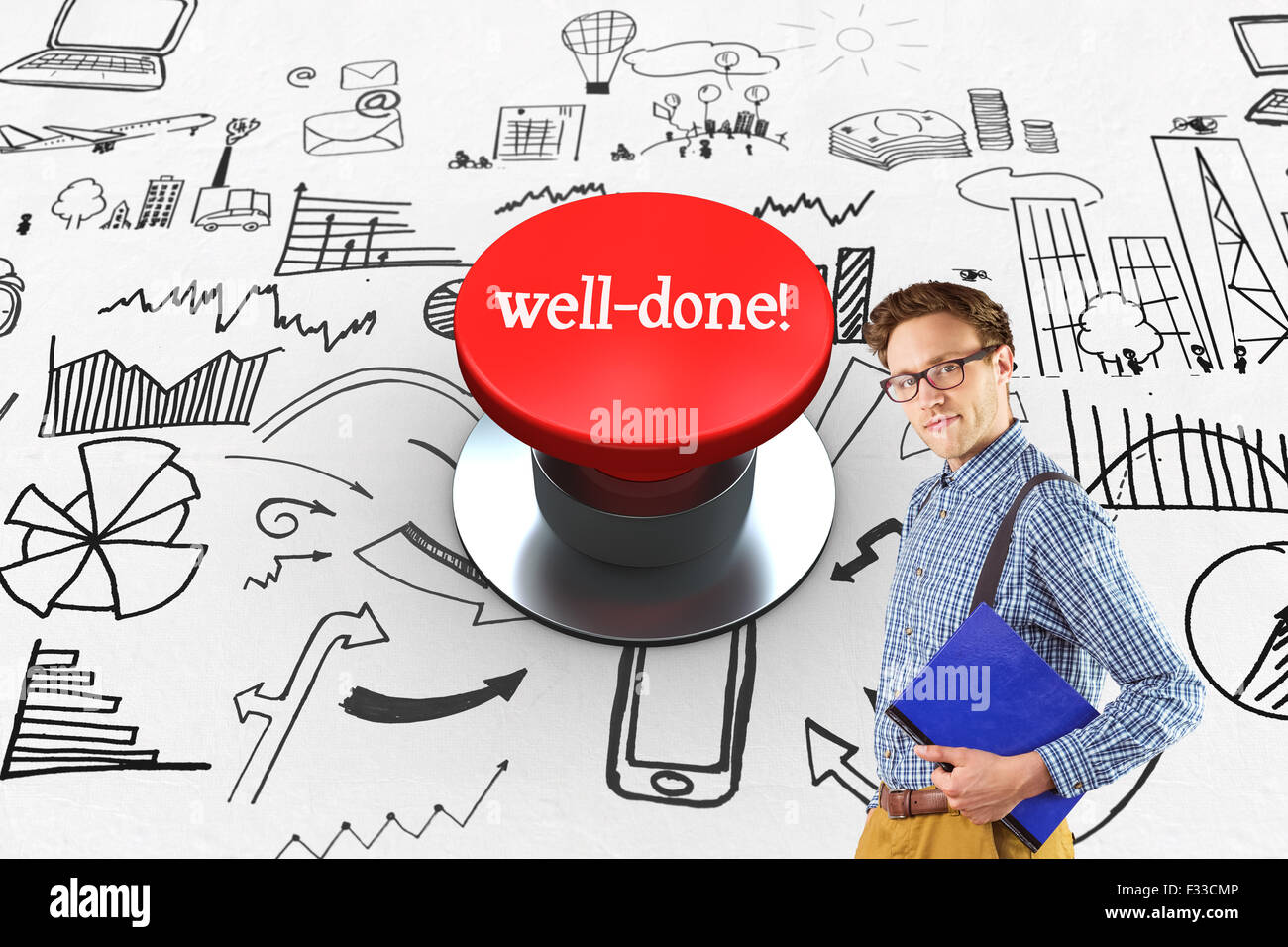 Well-done! against digitally generated red push button Stock Photo