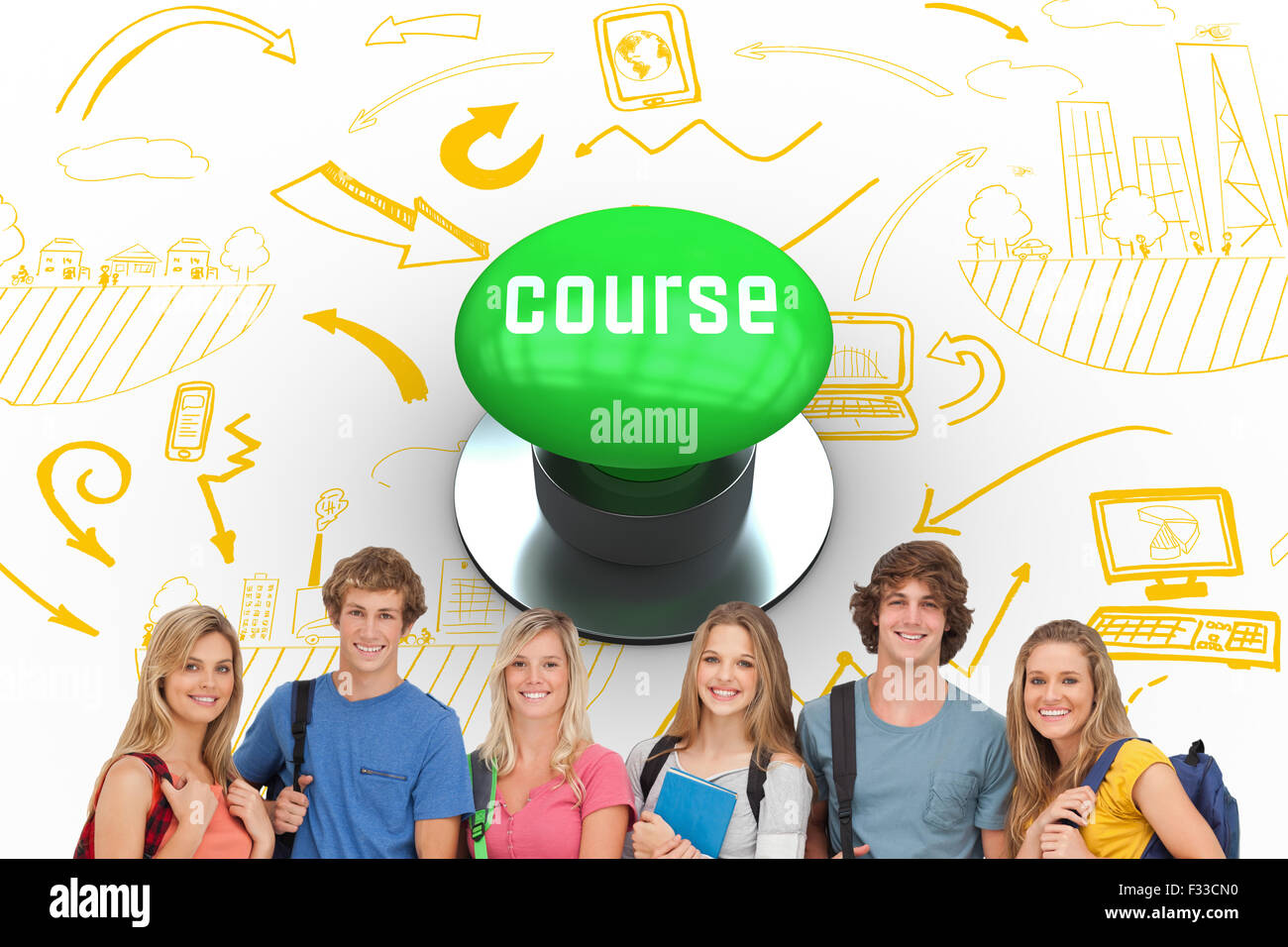 Course against digitally generated green push button Stock Photo