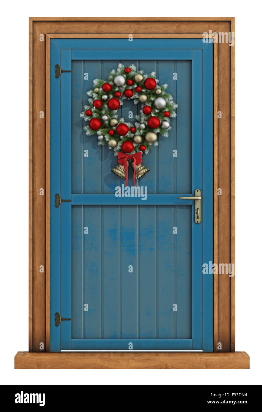 Christmas front door with wreath isolated on white - 3D Rendering Stock Photo