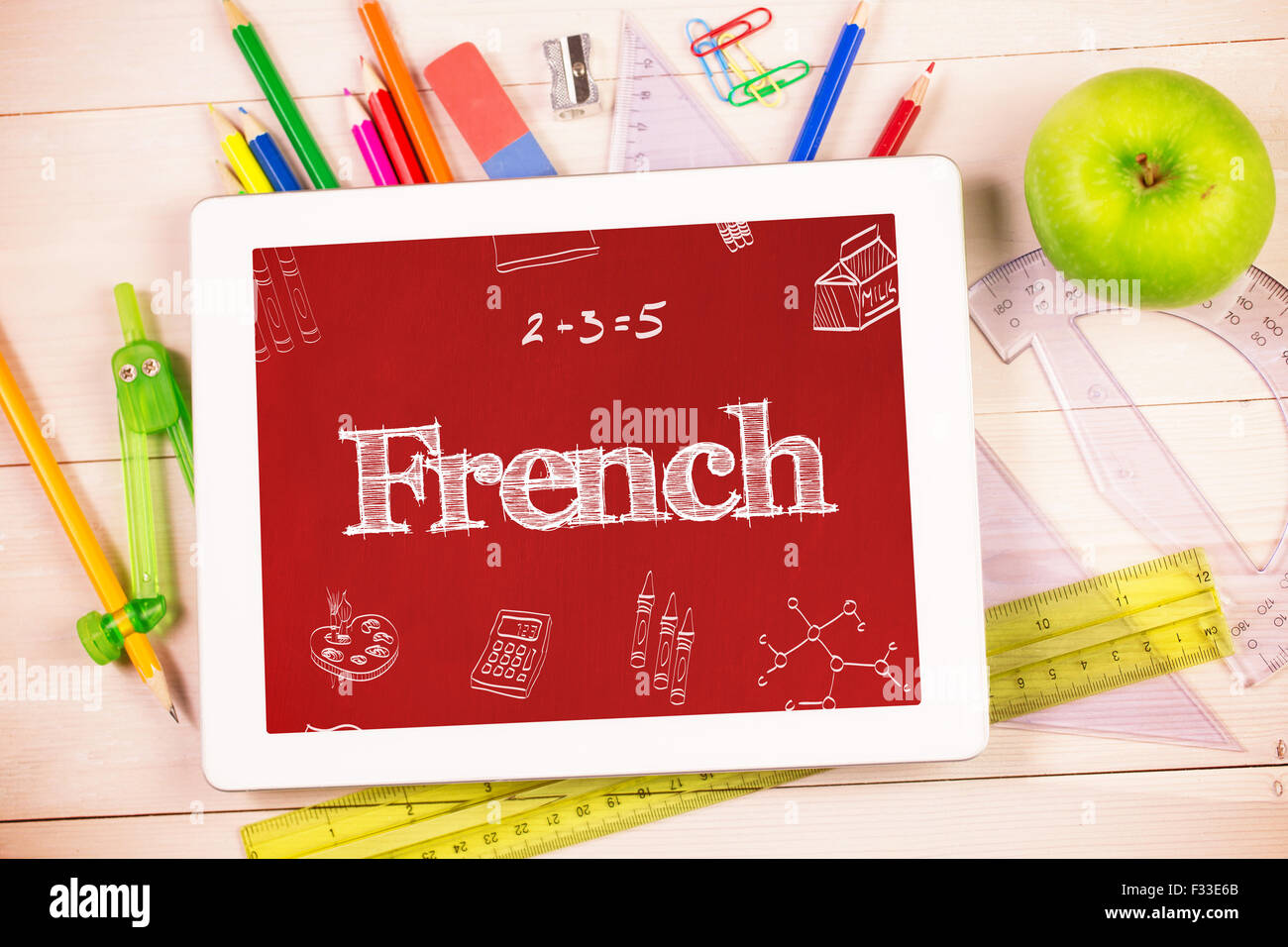French against students desk with tablet pc Stock Photo Alamy