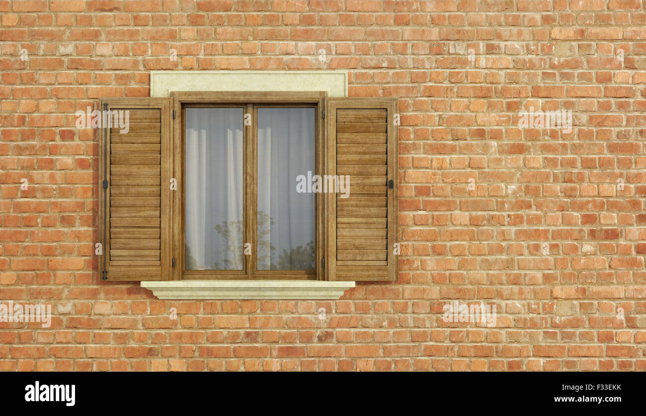 Detail of an old house with brick wall and wooden window - rendering ...