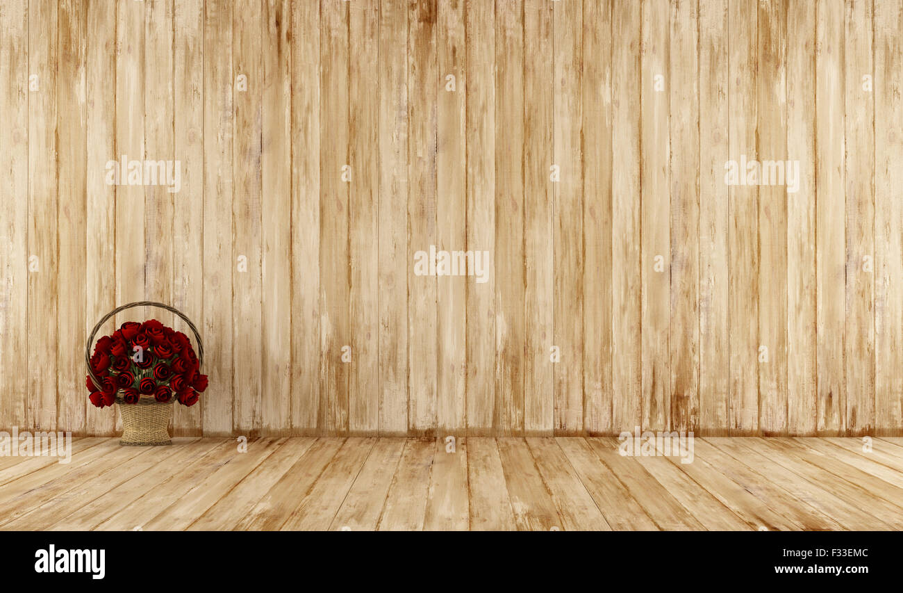 Old wooden room with wicker basket and roses on the floor- 3D Rendering Stock Photo