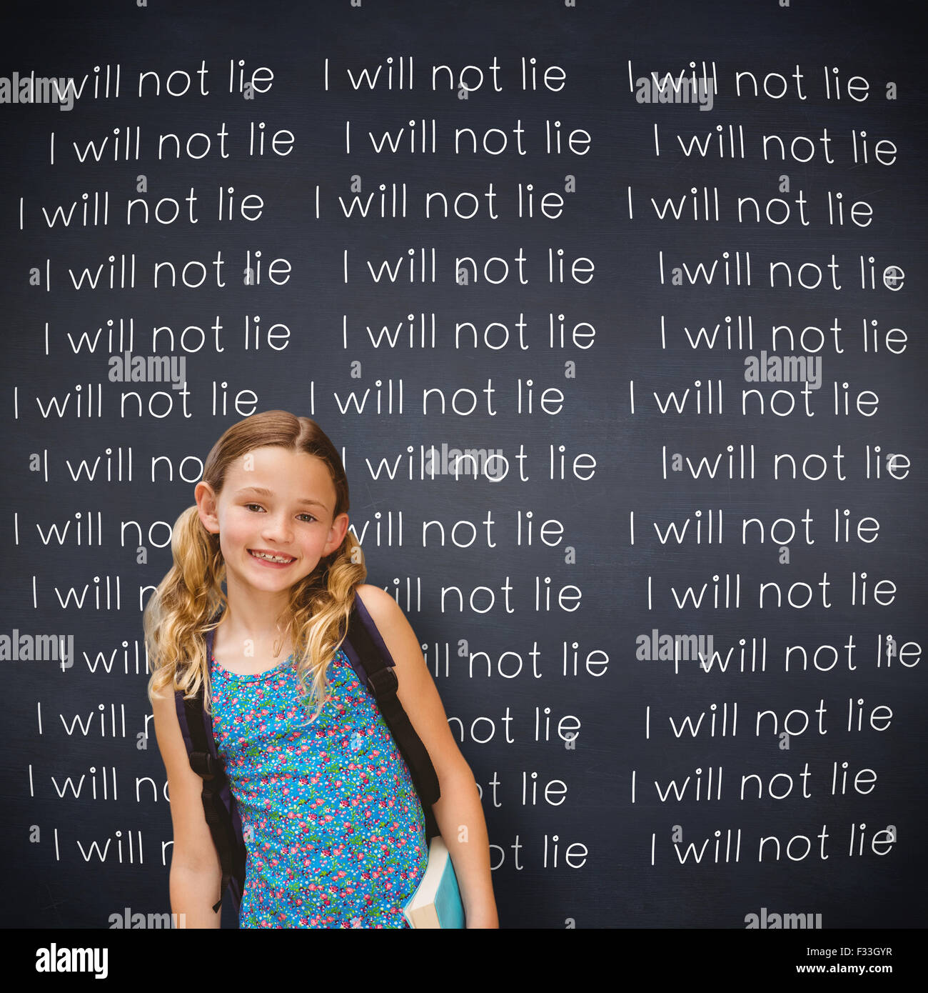 Composite image of cute little girl holding book in library Stock Photo ...