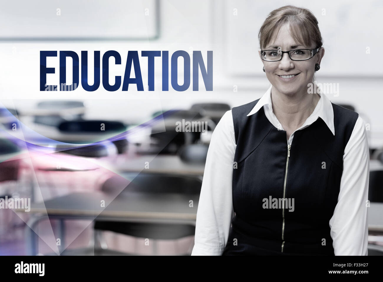 Education against smiling female teacher in the class room Stock Photo ...