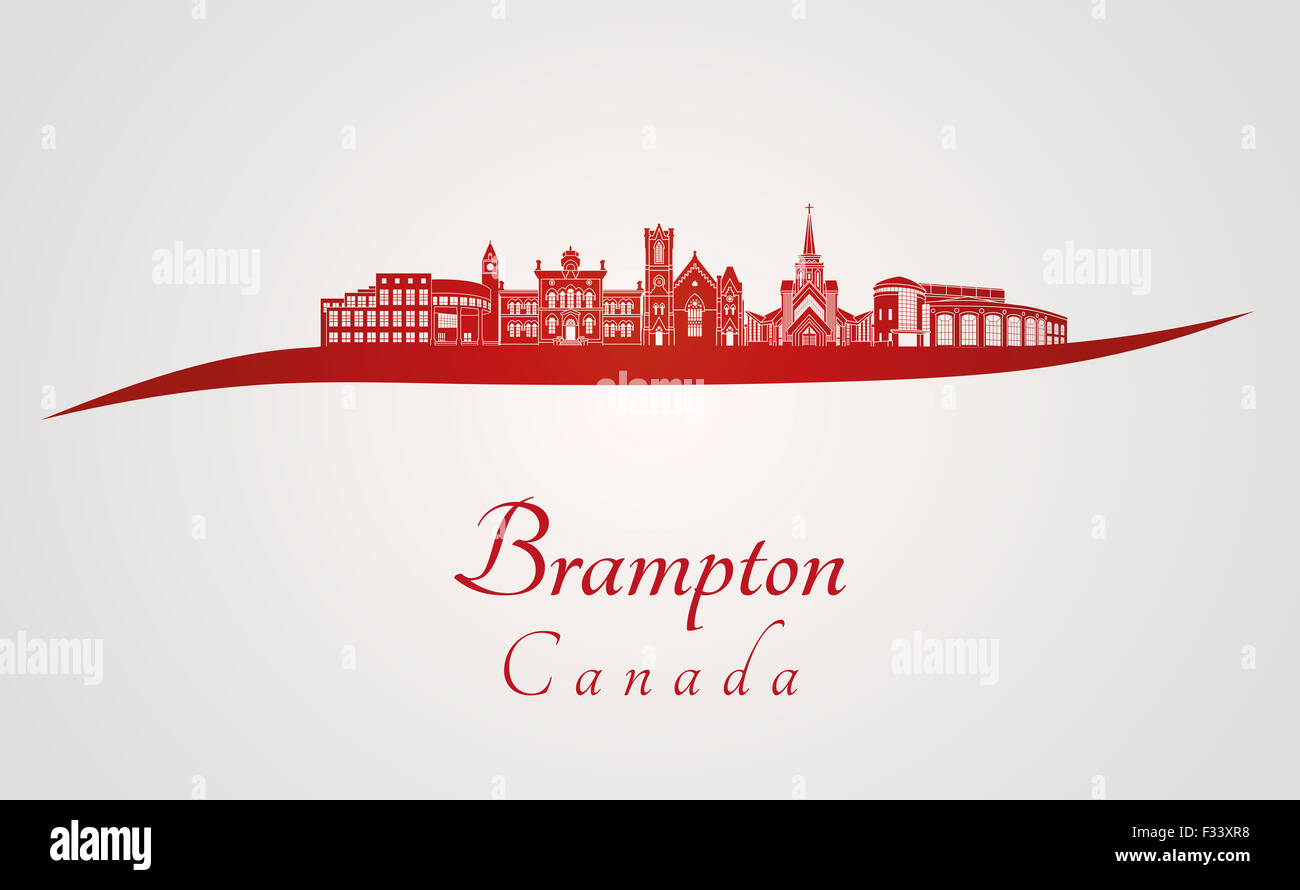 Brampton skyline in red and gray background in editable vector file Stock Photo