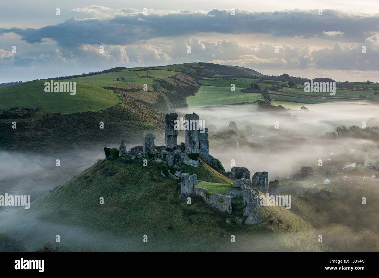 Corfe Castle in the mist, Corfe, Dorset Stock Photo