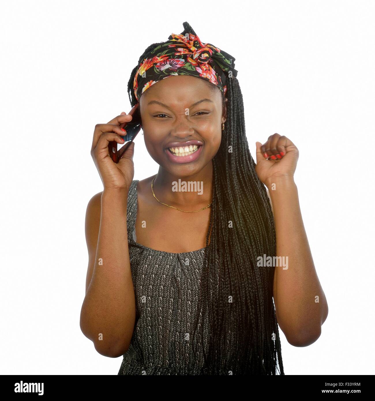 Young black girl with mobile phone Stock Photo