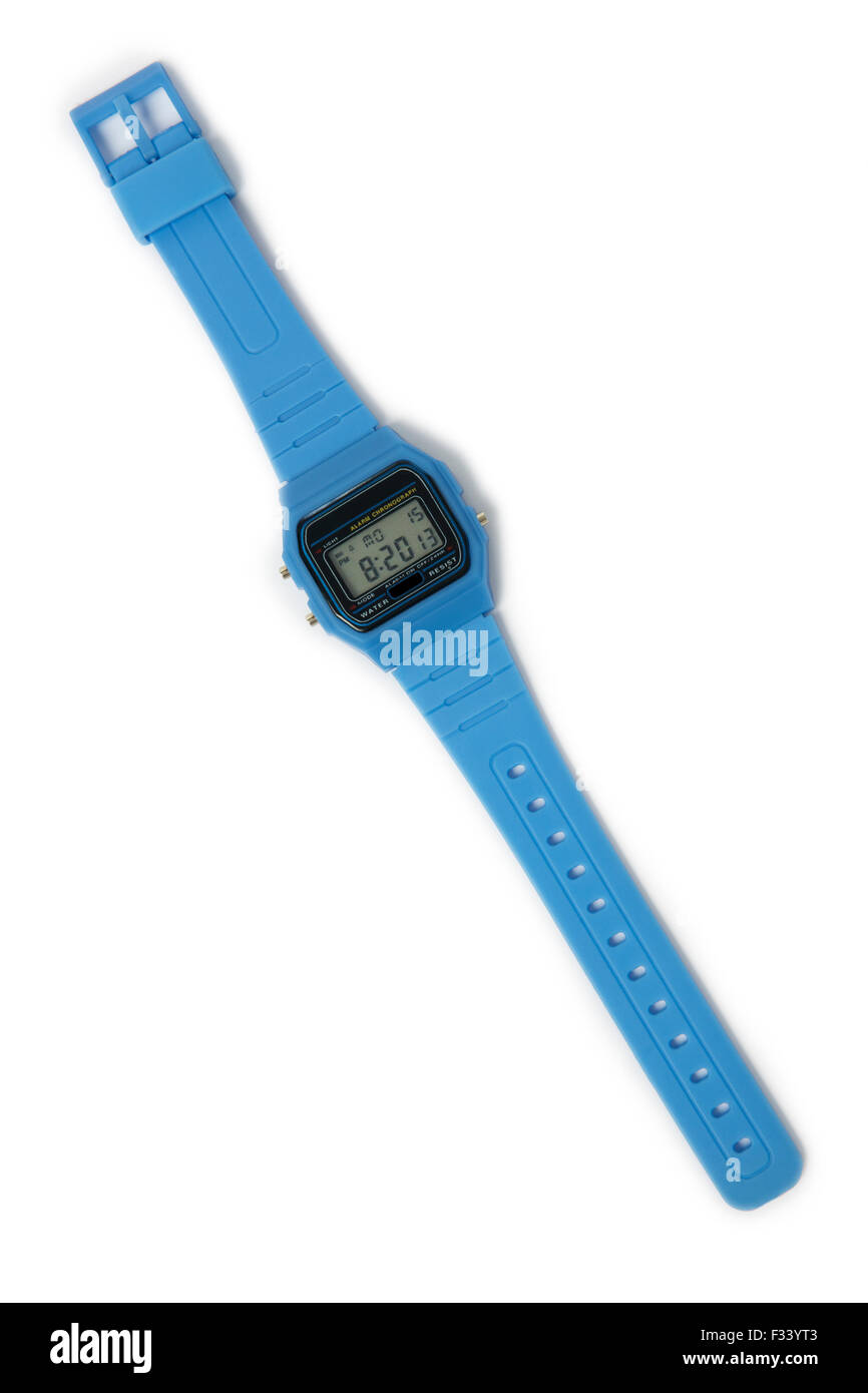 Blue digital plastic watch easy isolated against white background Stock Photo