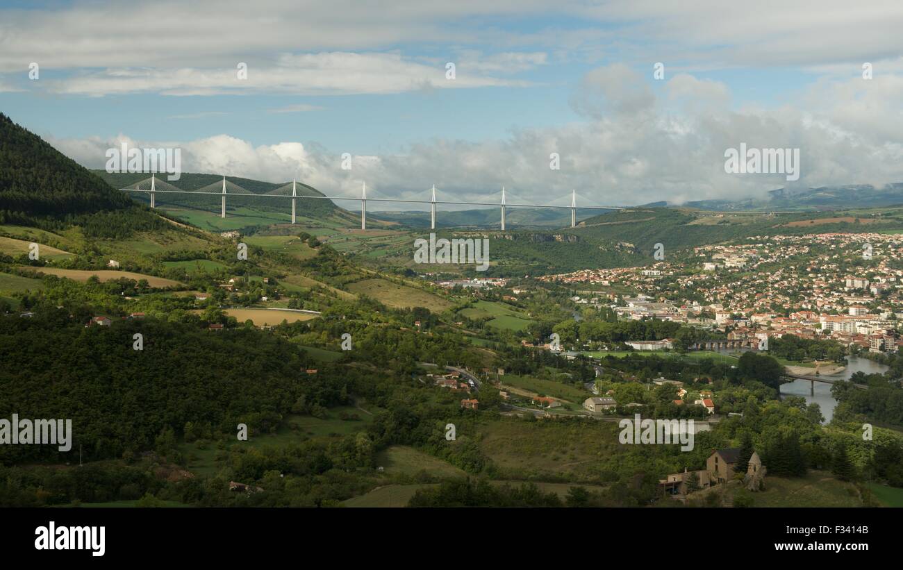 A panoramic view of Millau and the viaduct over the valley Stock Photo