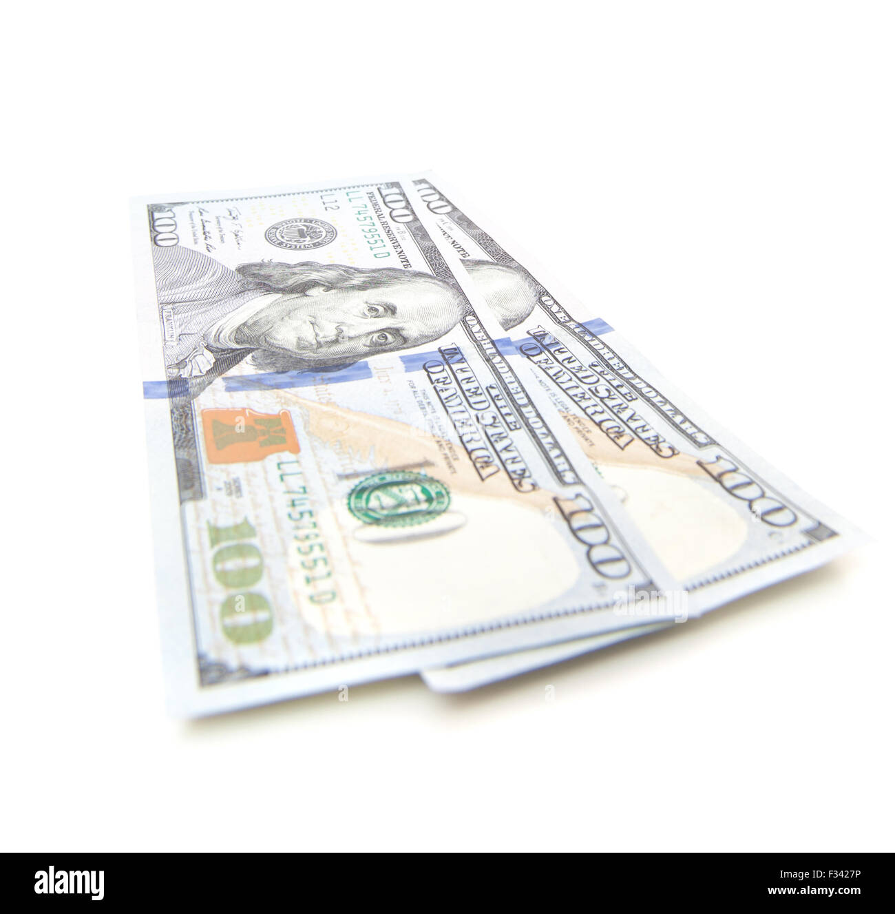 Two hundred dollar notes. All on white background. Stock Photo
