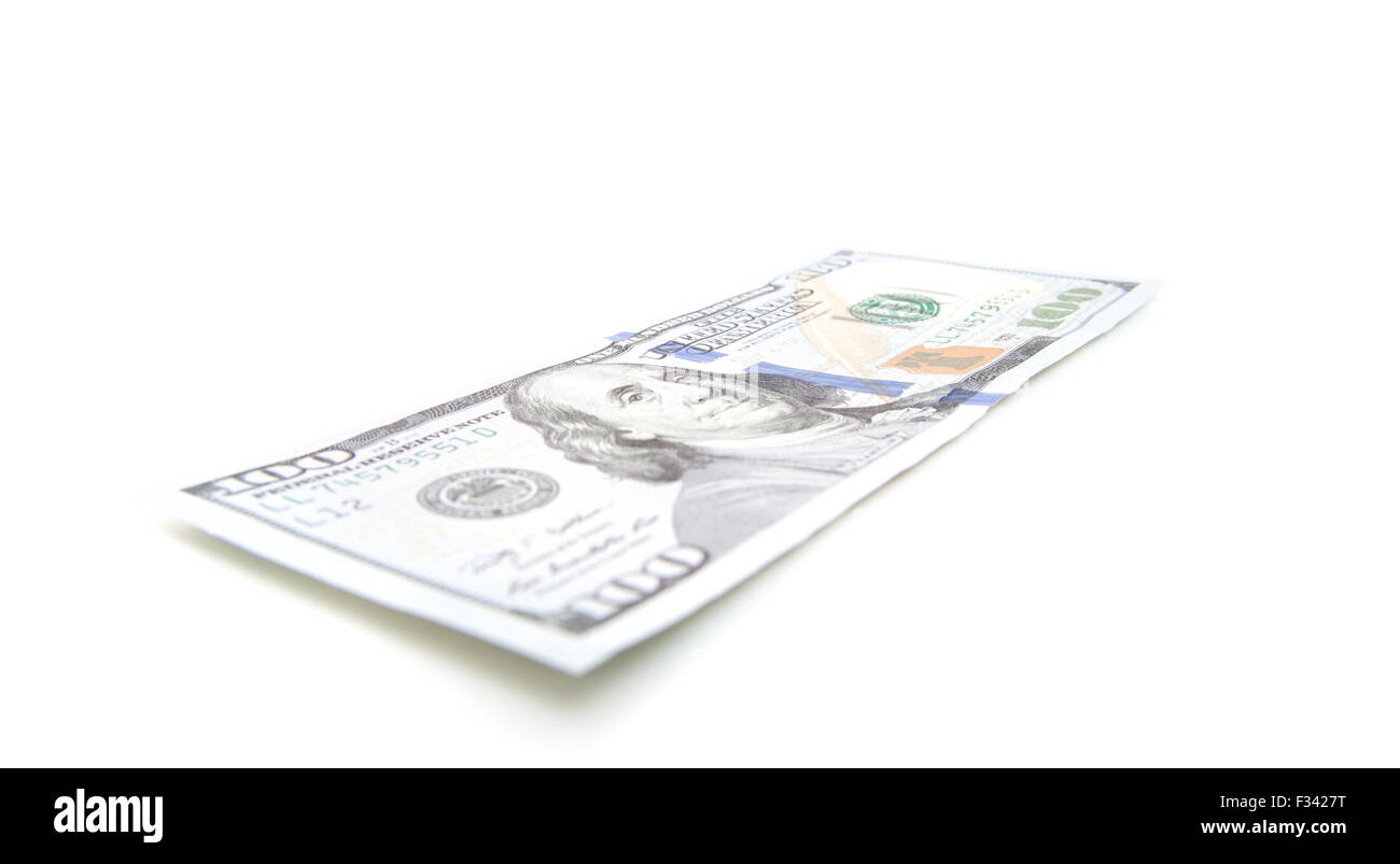 Single hundred dollar note. All on white background. Stock Photo