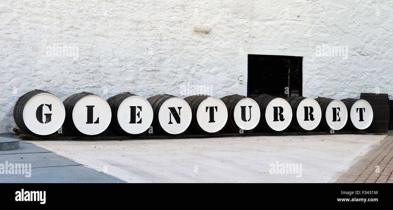 Whisky barrels used to form a sign at Glenturret Distillery, Perthshire, Scotland Stock Photo